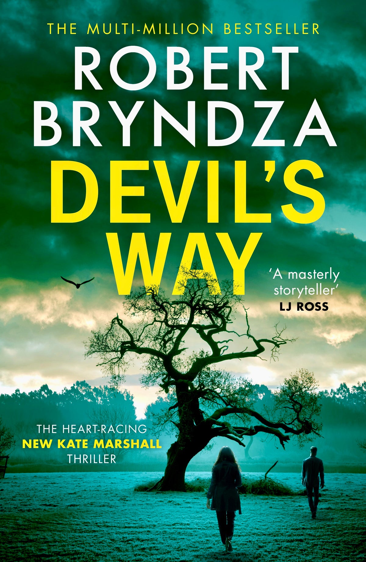Book cover of 'Devil's Way' by Robert Bryndza with a tree and two people walking on a path.