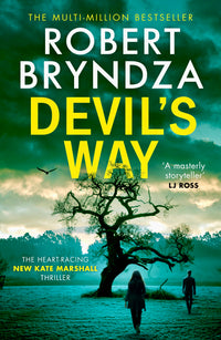 Book cover of 'Devil's Way' by Robert Bryndza with a tree and two people walking on a path.